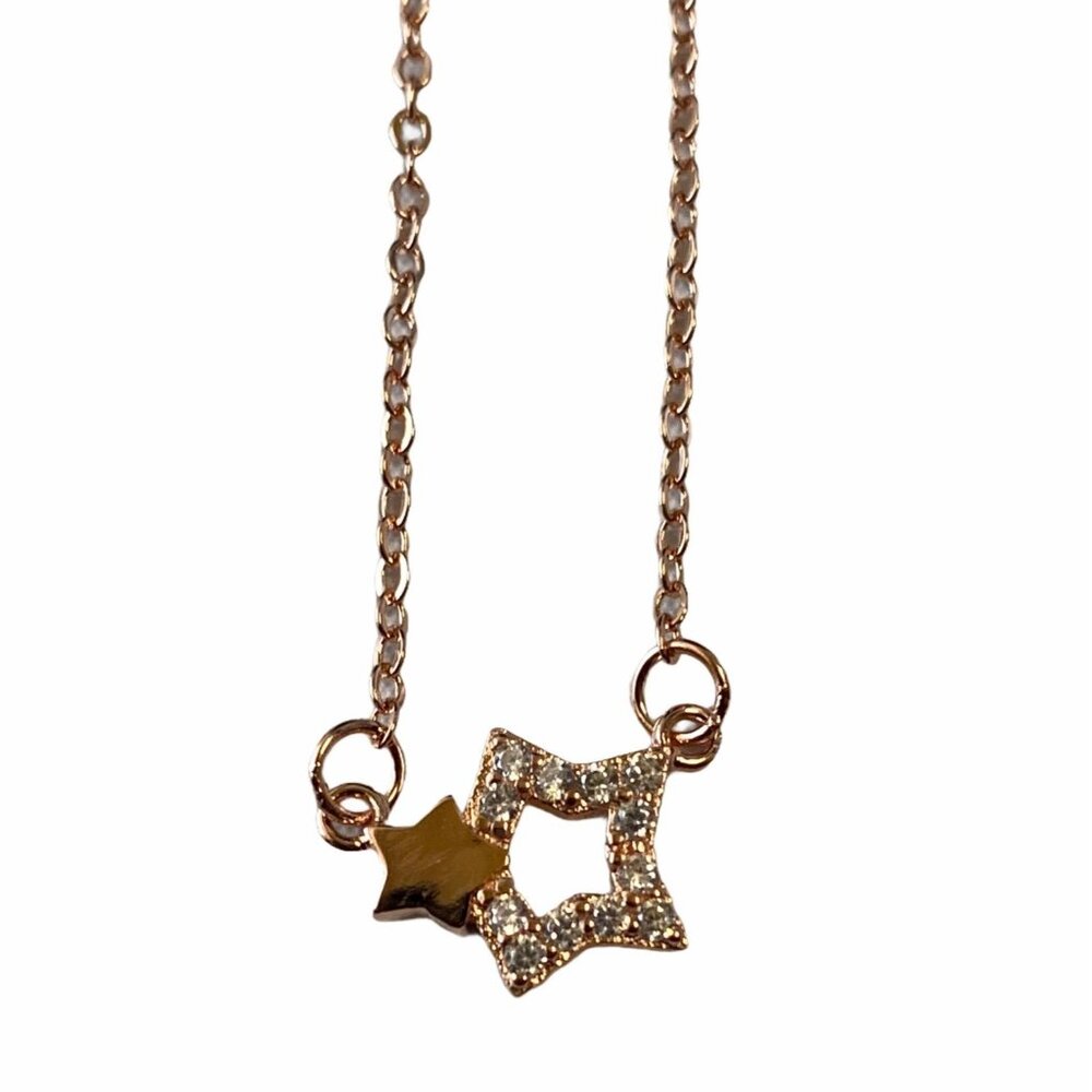 Two Star Rose Gold Necklace Rhinestones Elegant‎ Lightweight Pendant Jewelry